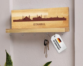 Key board wood with storage hooks City Skyline Istanbul engraving Personalizable gift key holder board inauguration wall mounting
