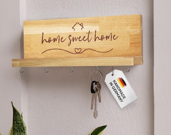 Houten sleutelrek met plankhaak Home Sweet Home Gravure Gepersonaliseerde Gift Sleutelhouder Board Inauguratie Wandmontage Decoratie