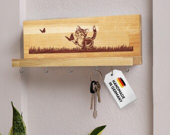 Key board wood with storage hook cat engraving personalizable gift key holder board inauguration wall mounting decoration oak