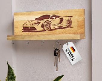 Key board wood with storage hook sports car engraving personalizable gift key holder board inauguration wall mounting decoration oak