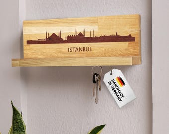 Key board wood with storage magnet city skyline Istanbul engraving personalizable gift key holder board inauguration wall mounting