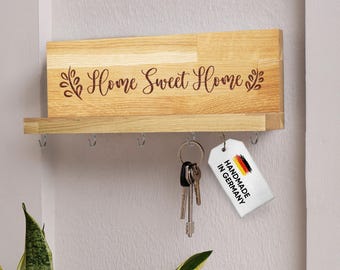 Houten sleutelrek met plankhaak Home Sweet Home Gravure Gepersonaliseerde Gift Sleutelhouder Board Inauguratie Wandmontage Decoratie