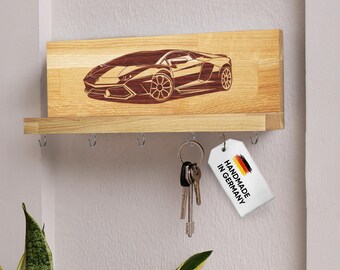 Key board wood with storage hook sports car engraving personalizable gift key holder board inauguration wall mounting decoration oak