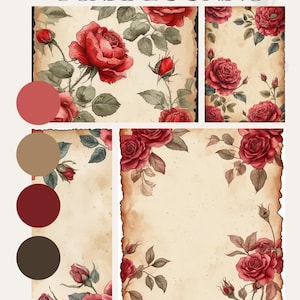 May include: Scrapbooking paper with a vintage aesthetic. The design features red roses and green leaves on a cream-colored background. The text "PAPIERS SCRAPBOOKING" is at the top. A color palette of red, brown, and cream is included.
