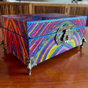 Rainbow Decorative Storage Stash Box, Wooden Keepsake Jewelry Box, Fluid Art Paint Pour, Box with Hinged Lid and Latch