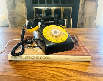ATT Western Electric Working Rotary Dial Phone: Black and Yellow Bi-Color Telephone
