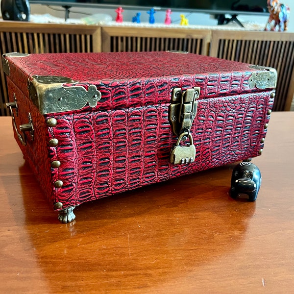 Coffee Table Box, Vegan Leather and Wood Decorative Box, Red Faux Leather Stash Box, Leather Wrapped Keepsake Box, Red Faux Leather