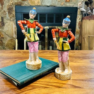 Vintage Set of Two Warrior Figurines, Colorful Hand Painted Gold Gilt, Made in Occupied Japan Japanese Painted Statues