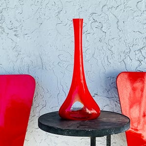 Vintage Large Bright Red Orange Art Glass Tall Vase, 16", Red Glass Vase, Free Shipping