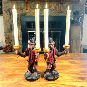 Vintage Set of 2 Bellhop Monkey Candle Holders, Pair of Monkey Butler Double Candleholders, Monkey Resin Candle Stick Holders, Pair
