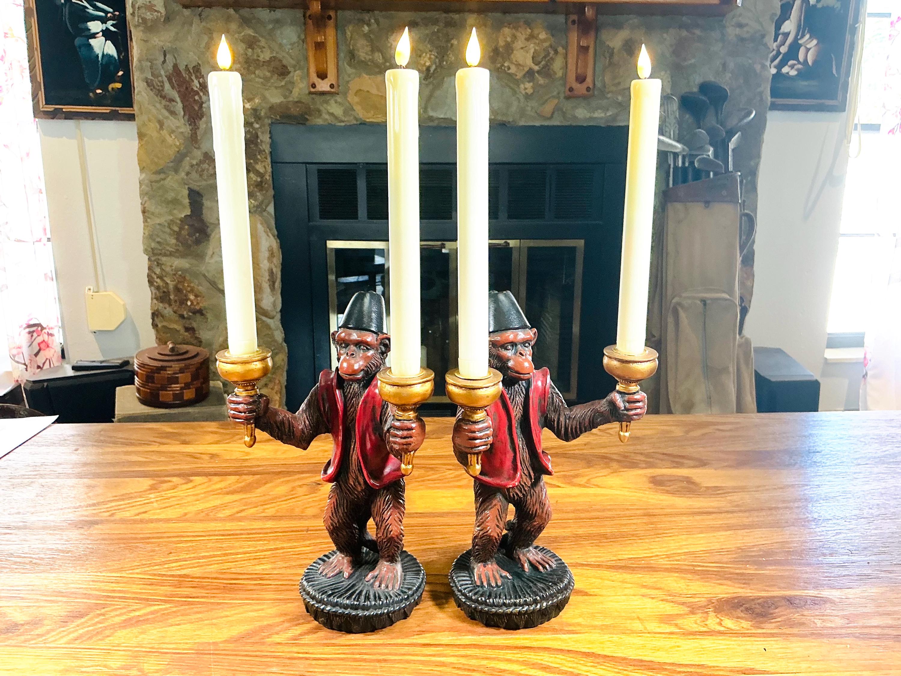 Vintage Bellhop Monkey Candle Holders: Regency Resin Pair