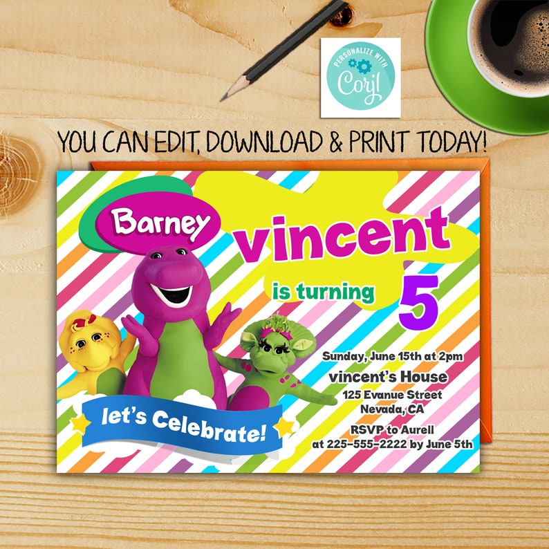 Barney Invitation Barney Birthday Invitation Barney Etsy