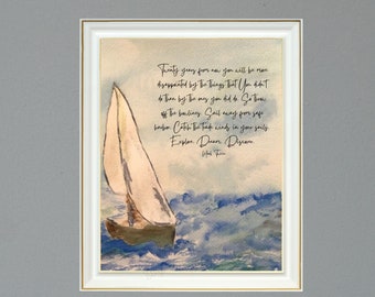 Red Sailboat Print Desk Decor Mark Twain Nautical Quote Print Coastal Ocean Wall Art Print Sailing Quote Art Print