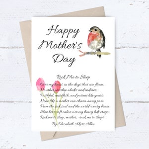 Afdrukbare Moederdag literaire kaart; Gedicht over moeders; Happy Mother's Day instant digitale downloadkaart; aquarel bloem/vogelpoëzie
