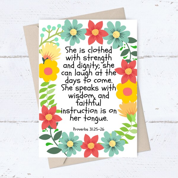 PRINTABLE Proverbs 31 Card; Religious Mothers Day, Christian Birthday for Her, strength dignity; Graduation; Bible Verse Scripture