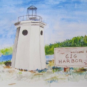 Gig Harbor Lighthouse Watercolor Painting, Original Pacific Northwest Wall Art; Seascape Print; Puget Sound Artwork, Welcome to Gig Harbor