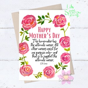 Carte de fête des mères imprimable ; Citation de CS Lewis, carte d'encouragement pour une citation littéraire sur la maternité ; Fleurs à l'aquarelle ; Religieux Chrétien Numérique