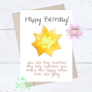 Tarjeta de cumpleaños para niños IMPRIMIBLE, Eres mi sol, Sol feliz en acuarela, Deseos de cumpleaños para hijo, hija, niño y niña, Divertida e inspiradora