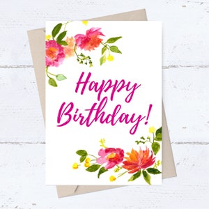 AFDRUKBARE verjaardagskaart voor haar, bloemenverjaardagswensen, kaart voor vrouw, blanco binnenkant, zelf printen; DIGITALE DOWNLOAD, bloemen roze rozen