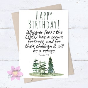 PRINTABLE Birthday Card for Him, Religious Birthday Wishes; Proverbs Bible Verse; Christian Card; Fear the Lord Refuge Secure Fortress