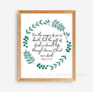Christian Bible Verse Wall Art, Religious Watercolor Inspirational Print, Church Gift, Wages Sin Death Gift God Eternal Life Scripture
