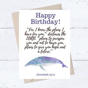青いクジラの誕生日の願いカード; 印刷可能なキリスト教の宗教カード; エレミヤカード; 私はあなたのために計画していることを知っています、主は宣言します