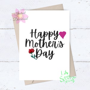 Carte de fête des mères imprimable faite main ; Bonne fête des mères ; Téléchargement numérique ; Imprimez vous-même la carte ; Impression à la maison, coeur de fleur aquarelle