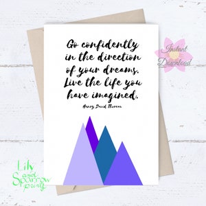 Cartão inspirador para impressão para qualquer ocasião; Cartão de formatura; Download digital, Citação de Thoreau Sonhe, Viva a vida que você imaginou, montanha geométrica