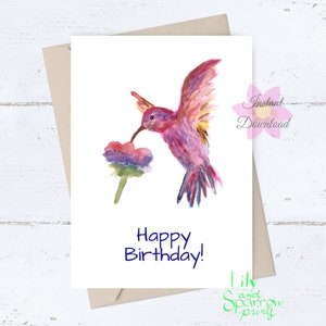 Carte d'anniversaire à imprimer, colibri aquarelle, voeux d'anniversaire, téléchargement numérique, carte d'anniversaire pour elle, carte d'oiseau, rose fait main original