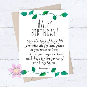 Tarjeta de cumpleaños IMPRIMIBLE; Tarjeta religiosa de feliz cumpleaños para él, tarjeta cristiana Versículo bíblico romano; Descarga digital; Dios esperanza alegría