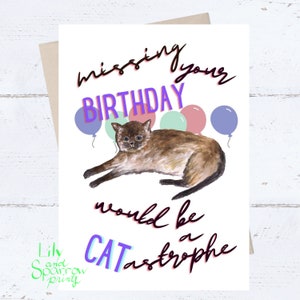 Carte d'anniversaire imprimable pour amoureux des chats ; Carte d'anniversaire amusante ; Carte pour ami ; Carte NUMÉRIQUE Cat Pun ; Carte chat aquarelle ; Carte pour soeur frère