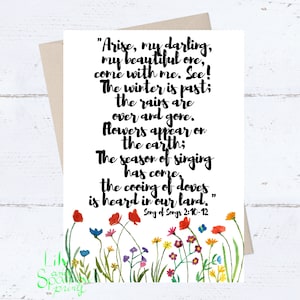 Biglietto di anniversario religioso STAMPABILE; Biglietto d'auguri cristiano per lei, Sorgi il mio amore, Scritture nuziali, San Valentino, Versetto della Bibbia, Fiori di campo