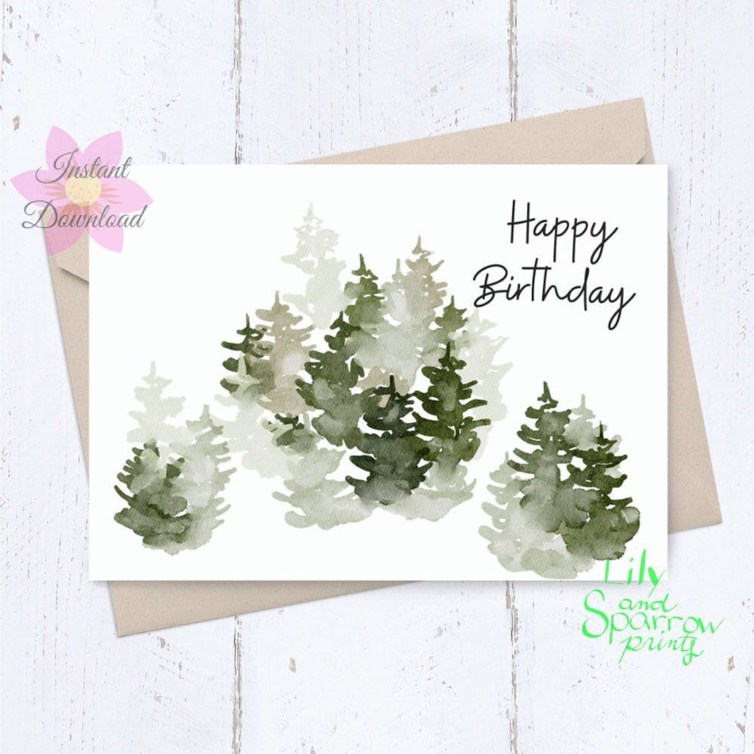 Printable Birthday Card for Him, Happy Birthday, Watercolor Forest, PNG ...