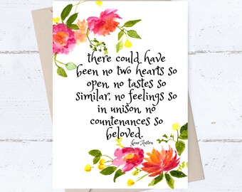 Jane Austen Wedding Card; Two Hearts in Unison; Jane Austen Love Quote; Jane Austen Book Club Card; Romantic Card; Anniversary Card