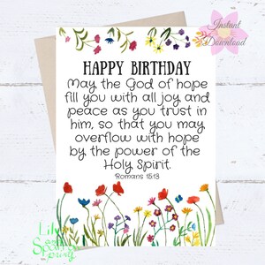 Tarjeta de cumpleaños imprimible, deseos de cumpleaños religiosos, tarjeta de inspiración cristiana, tarjeta de flores silvestres para ella, romanos de las Escrituras DESCARGA DIGITAL