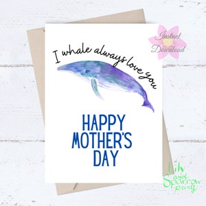 Tarjeta divertida del Día de las Madres Ballenas; Acuarela original IMPRIMIBLE, tarjeta de mamá hecha a mano; Descarga digital; Imprímanse ustedes mismos, en blanco por dentro, LINDO