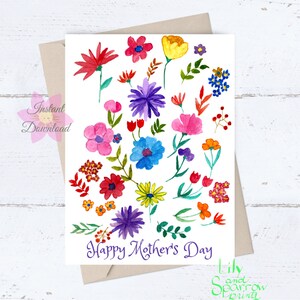 Blumen Mutter-Tageskarte; DRUCKBARE Aquarell Blumenkarte für Mama, alles Gute zum Muttertag, herunterladbare Karte für Mama; Von Kindern, Original art
