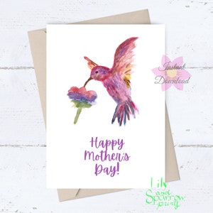 Kolibri Muttertagskarte; Mutter-Tages-Karte; Aquarell Vogel; Alles Gute zum Muttertag; Digitaler Download; Drucken Sie sich die Karte aus
