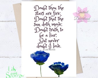 PRINTABLE Shakespeare Poem Valentines Day card; Wedding Anniversary Engagement card; Literary Card, doubt thou the stars are fire