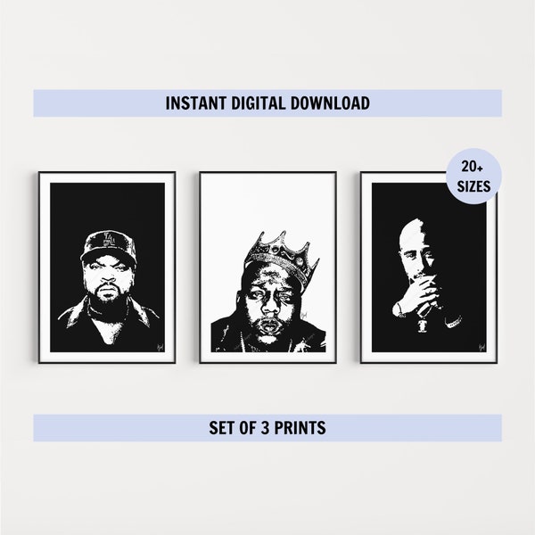 Biggie Smalls, Ice Cube, Tupac Shakur, schwarz & weiß, Porträts, Digitaldruck Set, Wandkunst, minimalistisch, Musik, Kunst Dekor, Musik 3er-Set