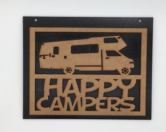 Happy campers Wall Hanging or Door sign with image of a camper van made from 6mm wood