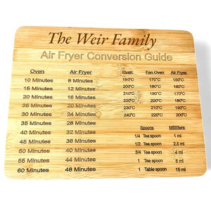 May include: A wooden kitchen guide with the text "The Weir Family Air Fryer Conversion Guide". The guide includes a conversion chart for oven, fan oven, and air fryer cooking times and temperatures. It also includes a table for converting spoon measurements to millilitres.