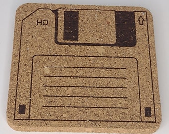 4 square cork coasters. Computer floppy disk design. 100mm by 7mm. Thick Coaster. Cork trivet drinks protector.