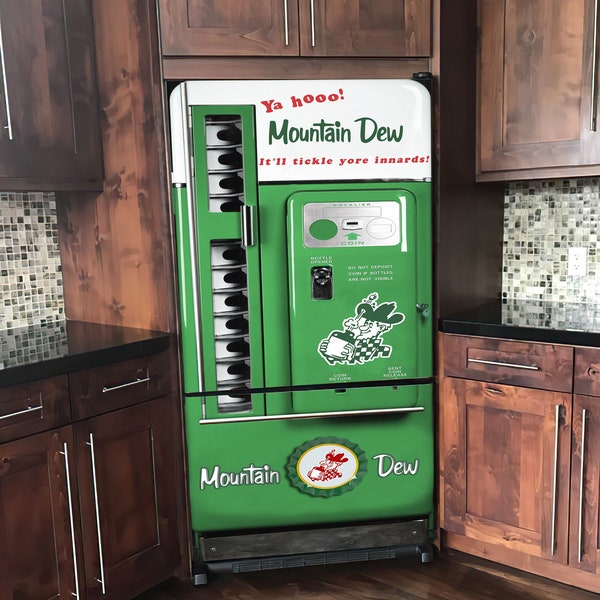 Retro Mountain Dew Vending Machine Refrigerator Wrap, Vintage Fridge Wrap, Garage Fridge Vinyl Decal Side by Side, Men's cave, Door Mural