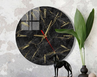 Acrylic Glass Wall Clock, Gold & Black Marble, Non-Ticking Clock, Large Clock for Wall, Silent Mechanism, Modern Interior, Handmade,