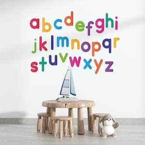 Calcomanía de pared de vinilo con letras del alfabeto minúscula, pegatina de pared, calcomanía de pared de guardería, citas inspiradoras de pared, letras arcoíris, decoración del aula