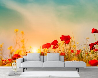 wallcovering Field of poppies on a sunset wallmural repositonable photomural mural photo Poppies Field traditional or removal mural