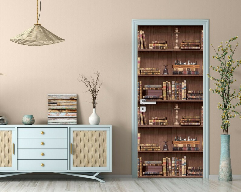 Bookcase Fridge Wrap Book Shelf Mural Wooden Door Waterproof - Etsy