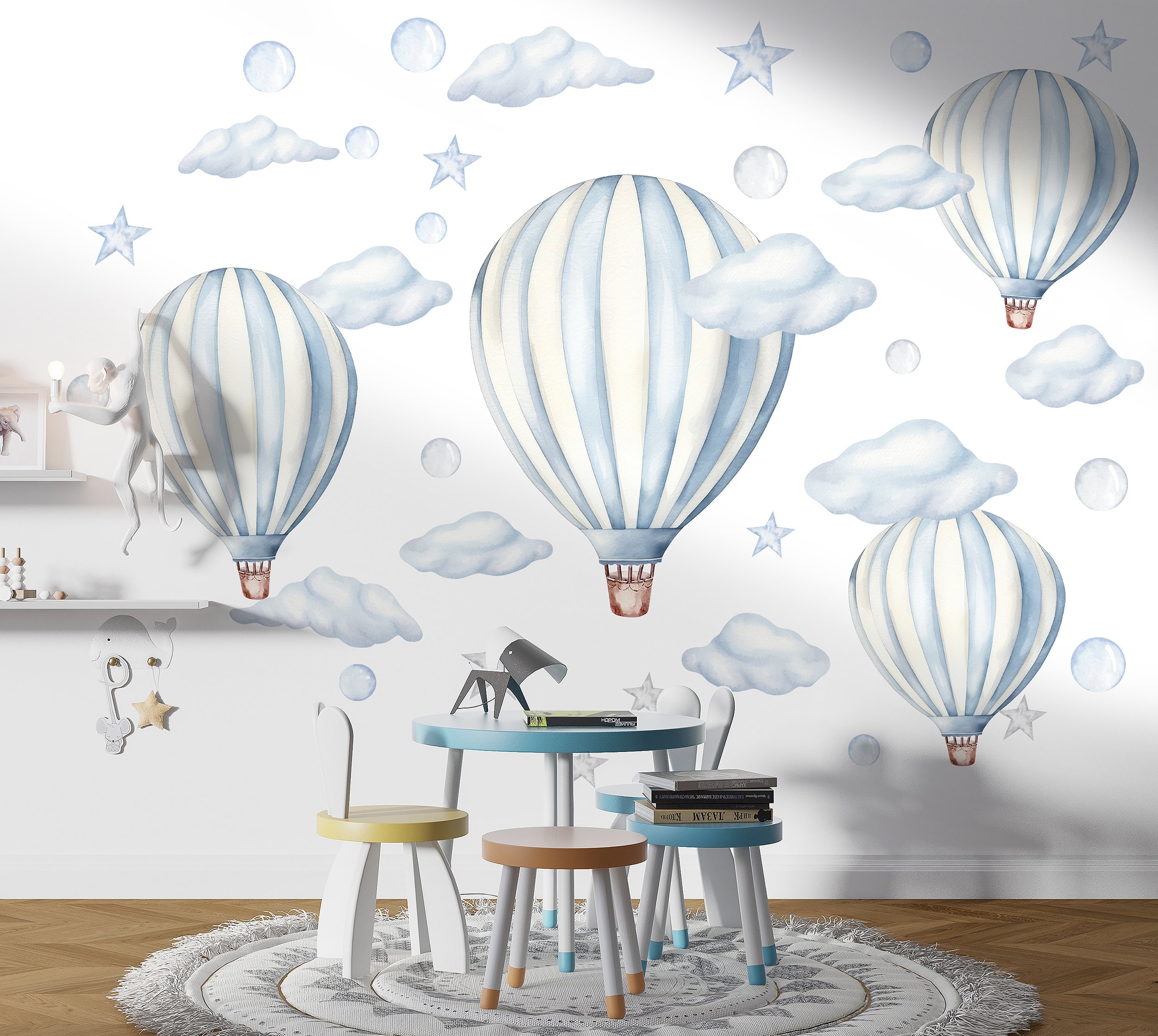 Heißluftballon-Kinderzimmer-Wandtattoo, Aquarell blassblaue Luftballons, Wandsticker, Baby-Kinderzimmer-Abziehbild-Set Kinder-Wandtattoo, Abzieh- und Aufklebe-Vinyl