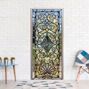 Vitral puerta ventana Mural puerta envoltura pegatina nevera envoltura puerta vinilo calcomanía nevera envoltura impermeable